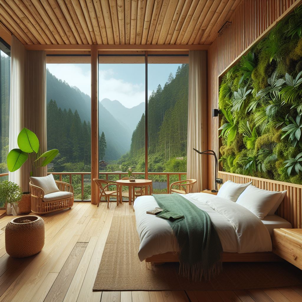 habitación de hotel sostenible con plantas