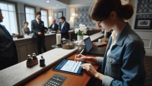 mujer con tablet rellenando un formulario de check-in online en recepción